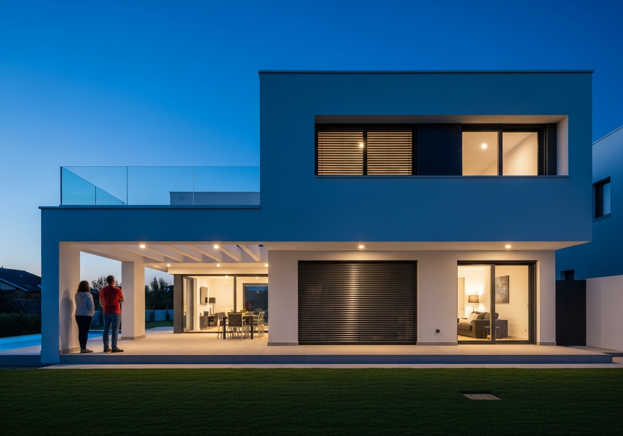Volet roulant électrique en aluminium anthracite sur maison moderne avec isolation thermique renforcée